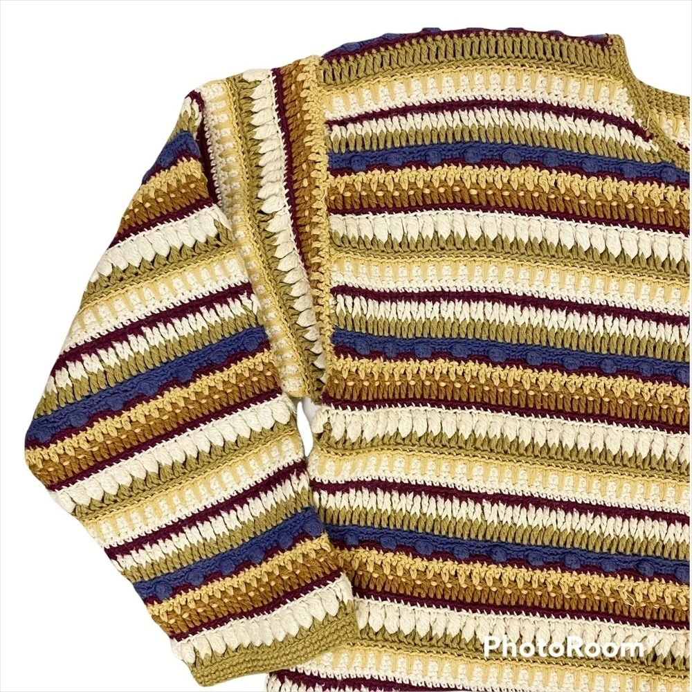 VINTAGE Jennifer Reed Hand Knitted Striped Ramie Cotton Sweater Medium